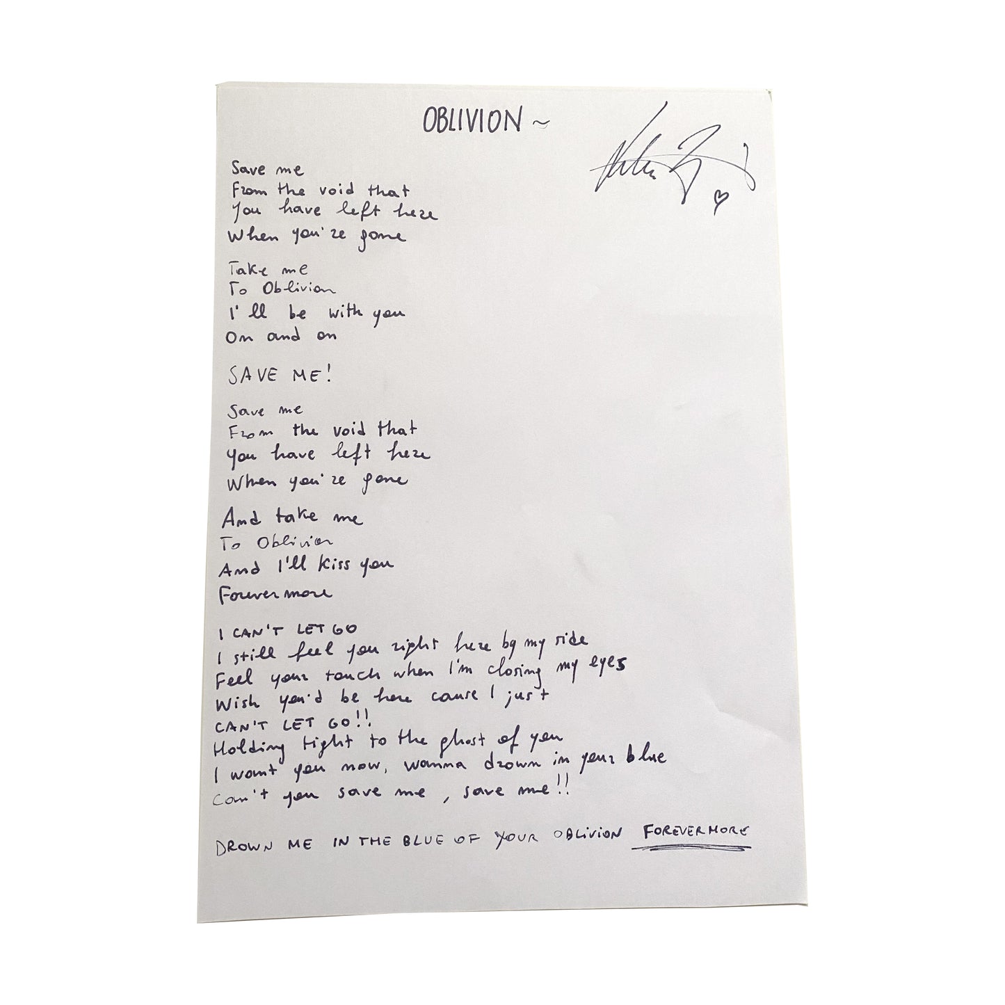 Exclusive Inferno Signed Handwritten Lyric Sheet